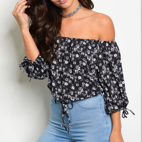 Black Floral Off Shoulder Top - Picture 2 of 3