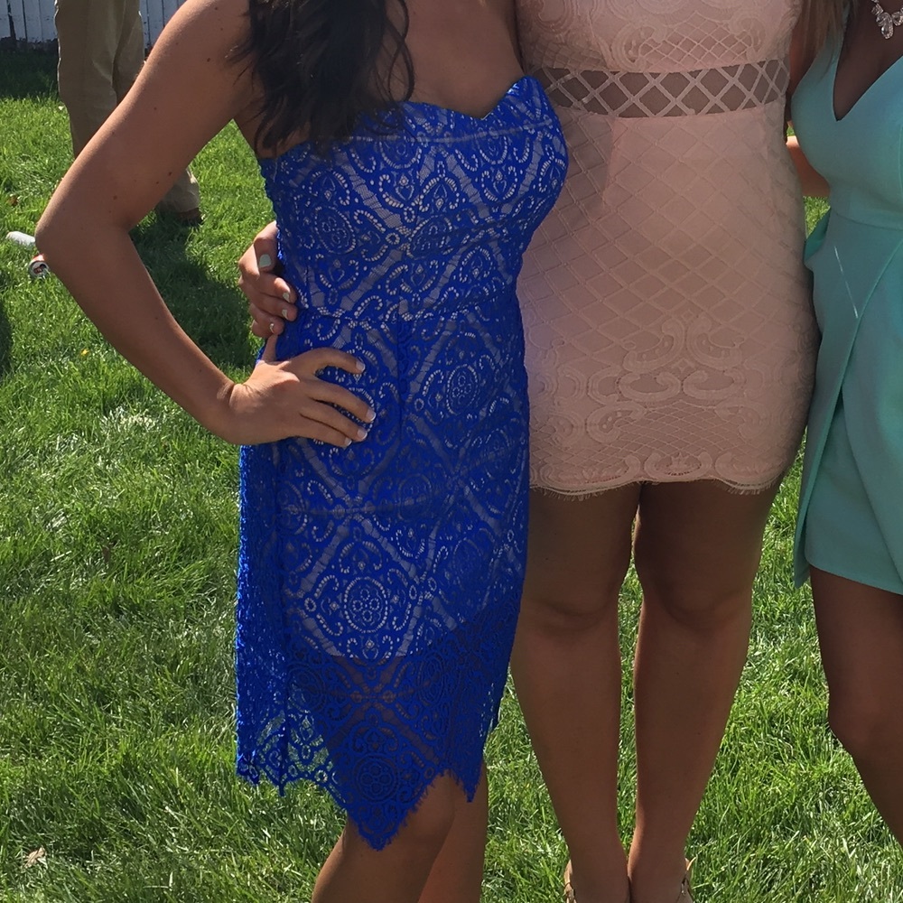 Blue strapless lace dress