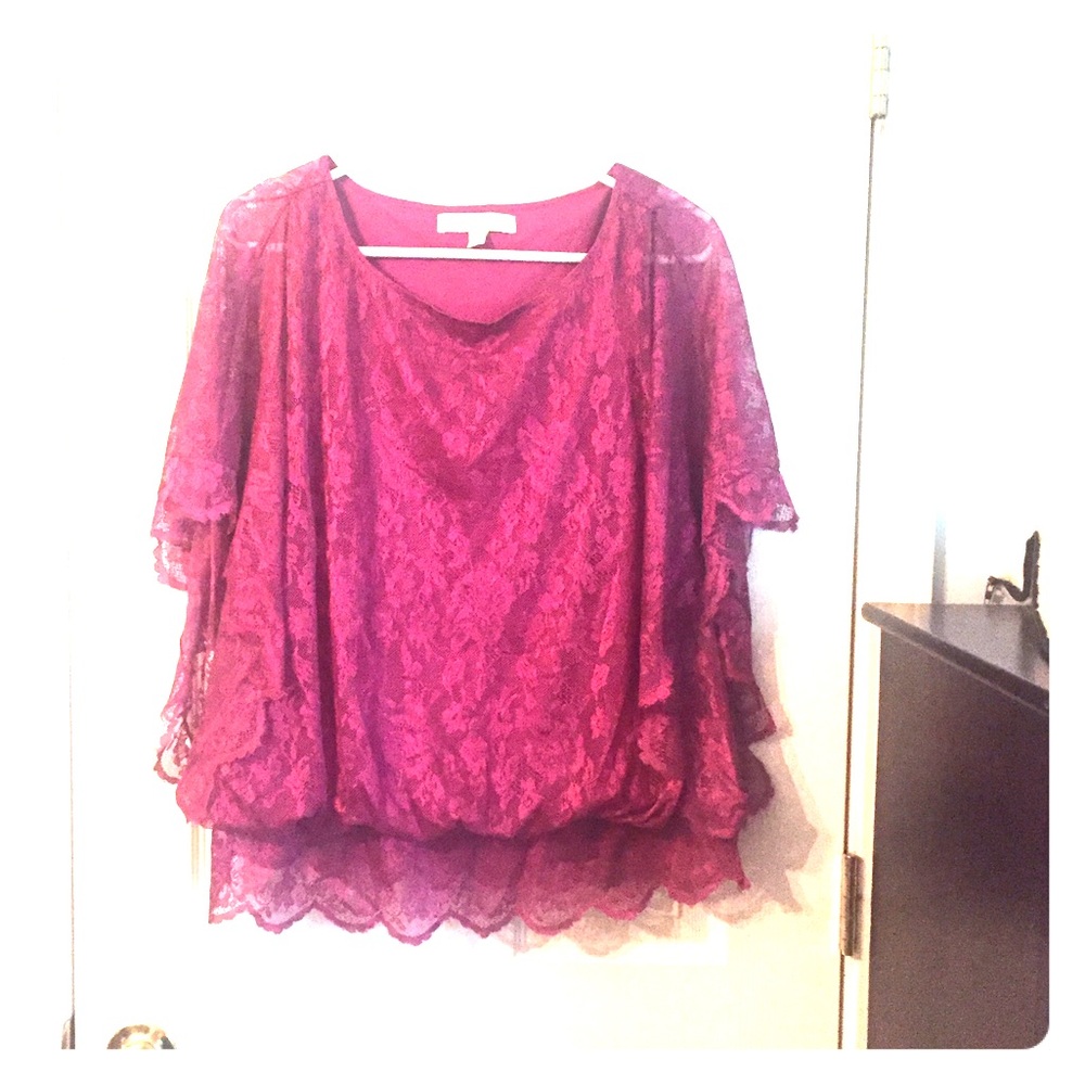 New York & Co Magenta Angel Wing Lace Top