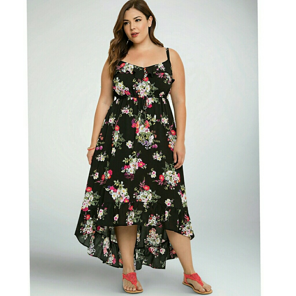Maxi Dress - Summer , Flowers, Black/Multicolor