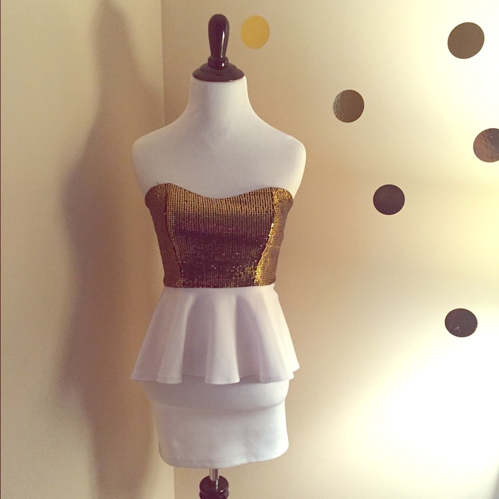 White Peplum gold sequins dress