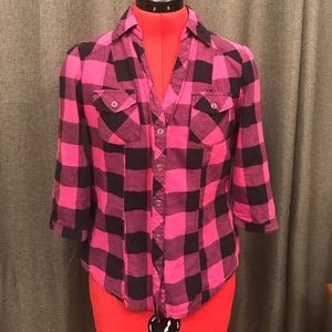Forever 21 XXII Pink Black Plaid Button Up Shirt