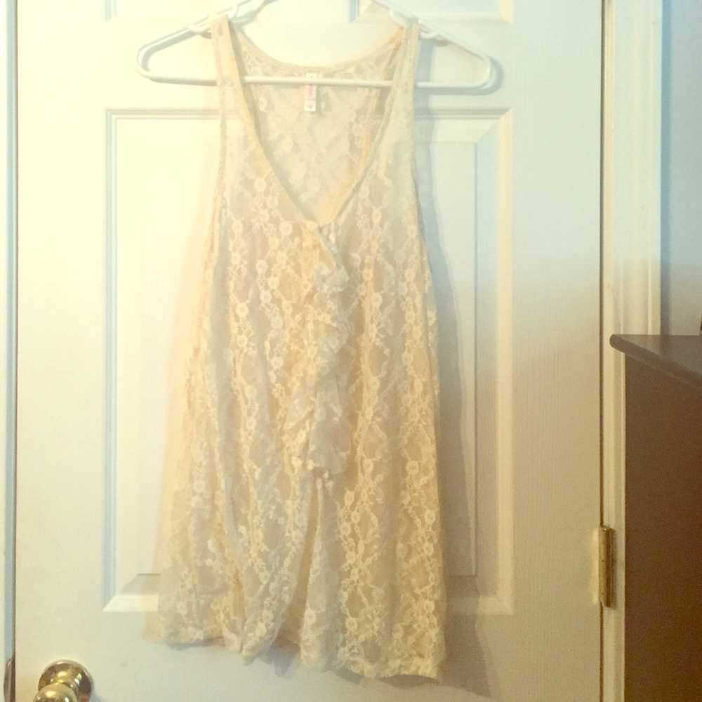 White Lace Tank Top With Front Ruffle Detail