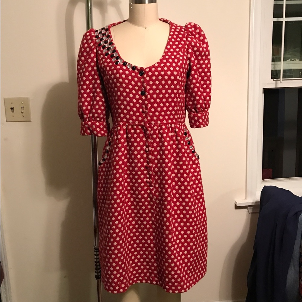 Chloe Spotted Red Wool Dress with Gems Size L US 4