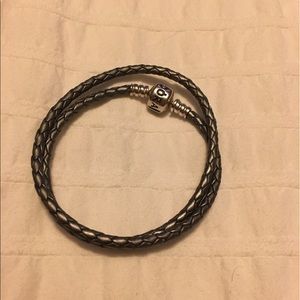 Pandora silver gray leather bracelet