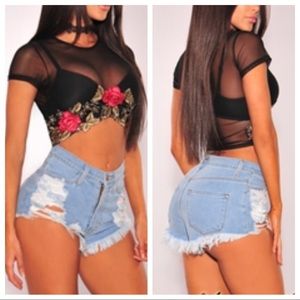 Light Denim Destroyed High Waist Shorts