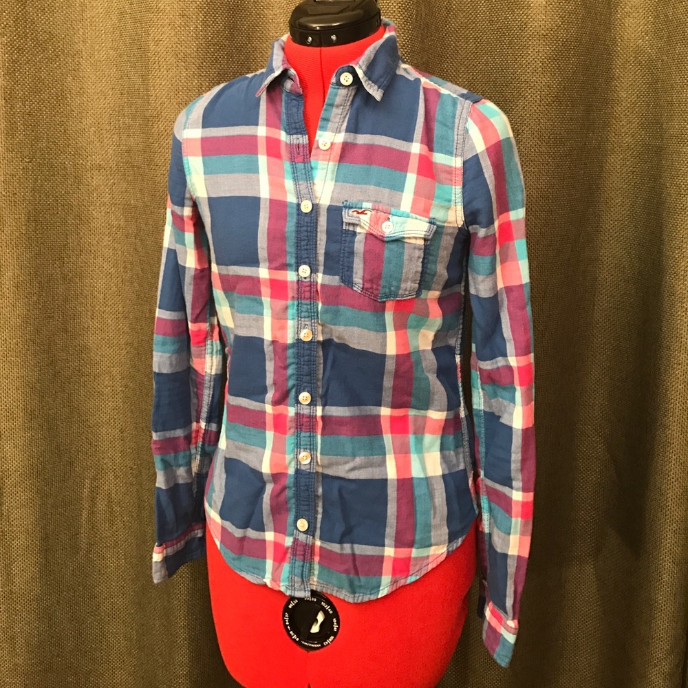 Hollister Blue Aqua & Pink Button Up Shirt Top
