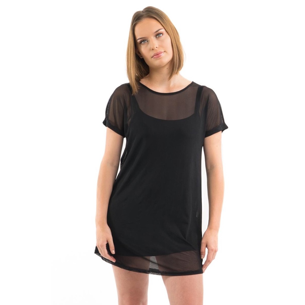 Black Short Sleeve Mesh Overlay Mini Dress - Picture 4 of 5