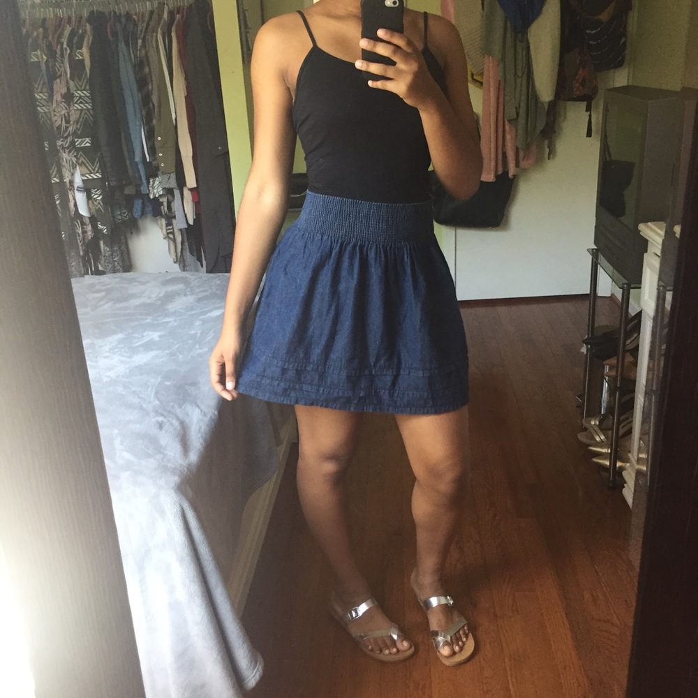 BLUE DENIM SKATER SKIRT WITH GATHERED WAISTED BAND