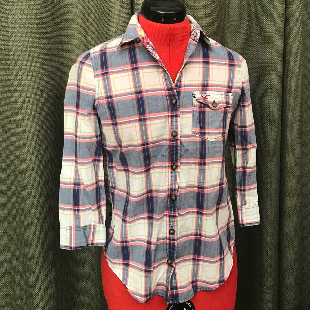 Hollister White Pink Navy Blue Button Up 3/4 Shirt