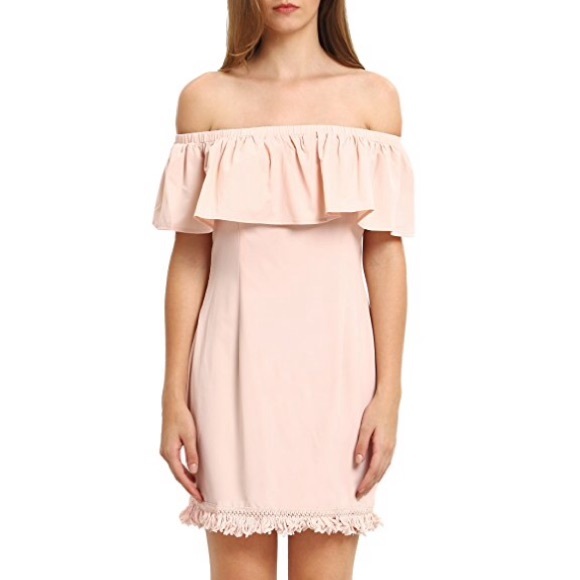 💥 SALE Off Shoulder Fringe Trim Blush Dress - Picture 2 of 2