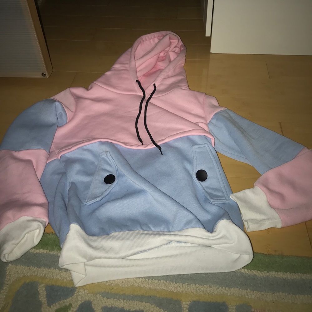 blue pink and white hoodie -black buttons