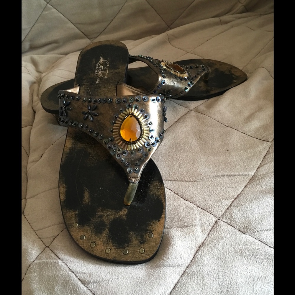 Bronze Rhinestone Jeweled Sandals - Picture 3 of 4