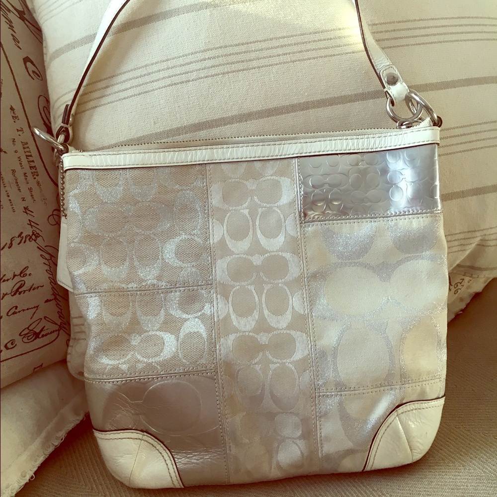 White & Metallic Silver Coach Purse