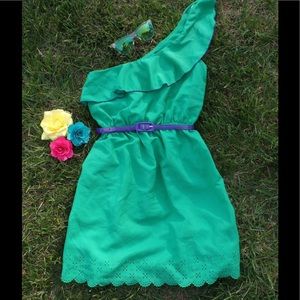 NWOT SNAP Green One Shoulder Dress w/ Purple Belt