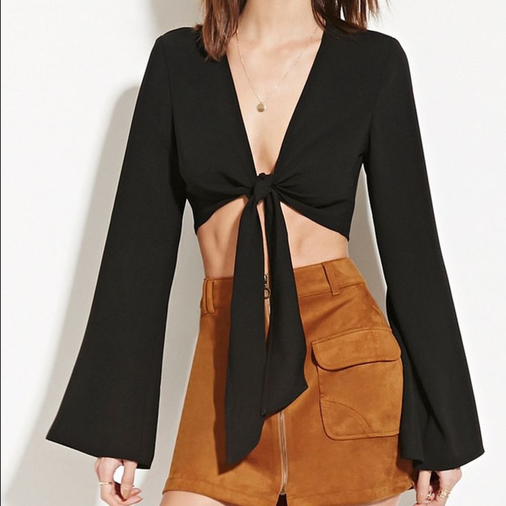 Black tie-front bell sleeve top