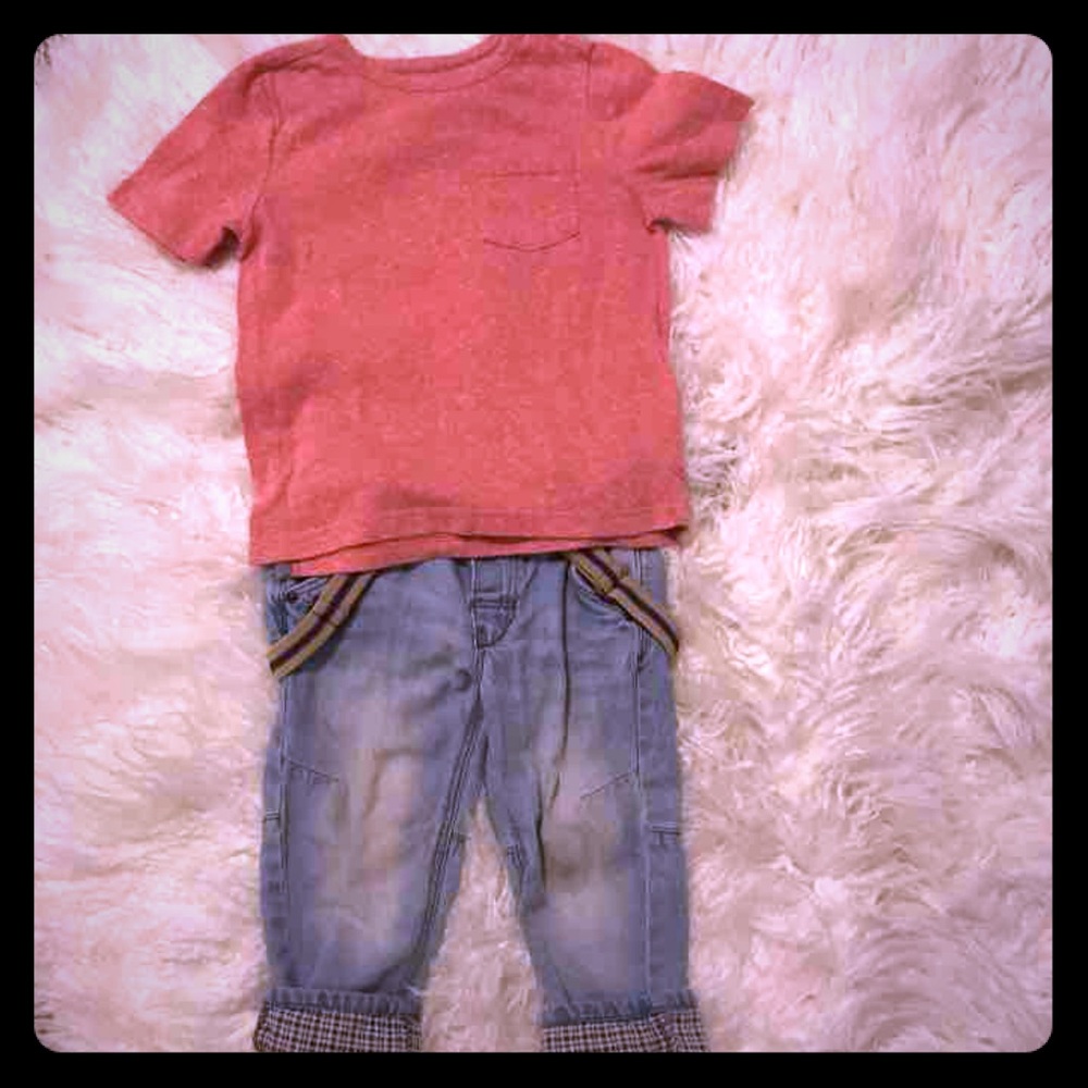 Suspender denim & shirt outfit!