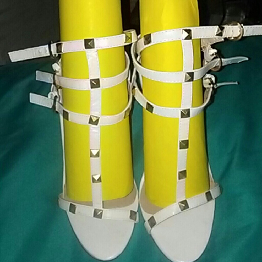 All white studded heels