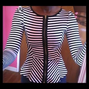 women's Black and white striped peplum top