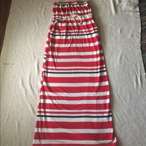 Red/Off White/Navy Striped Strapless Maxi Dress