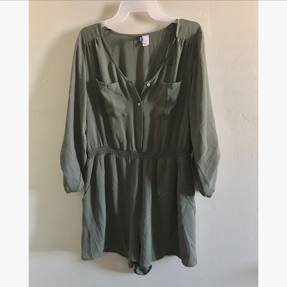 Divided forest green button up romper shorts