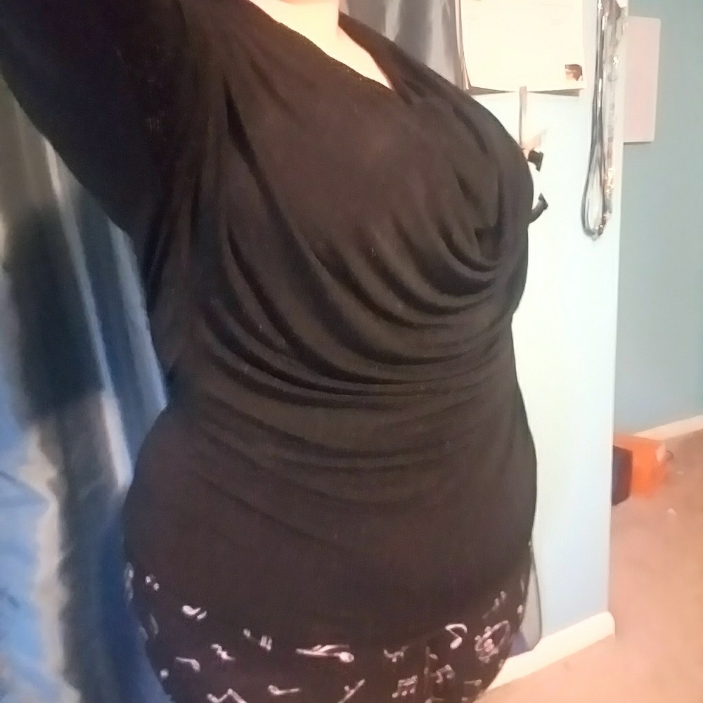 Black sparkly half-sleeve drape neck flirty shirt