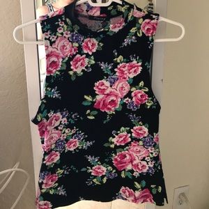 Floral semi turtle neck collared tank top