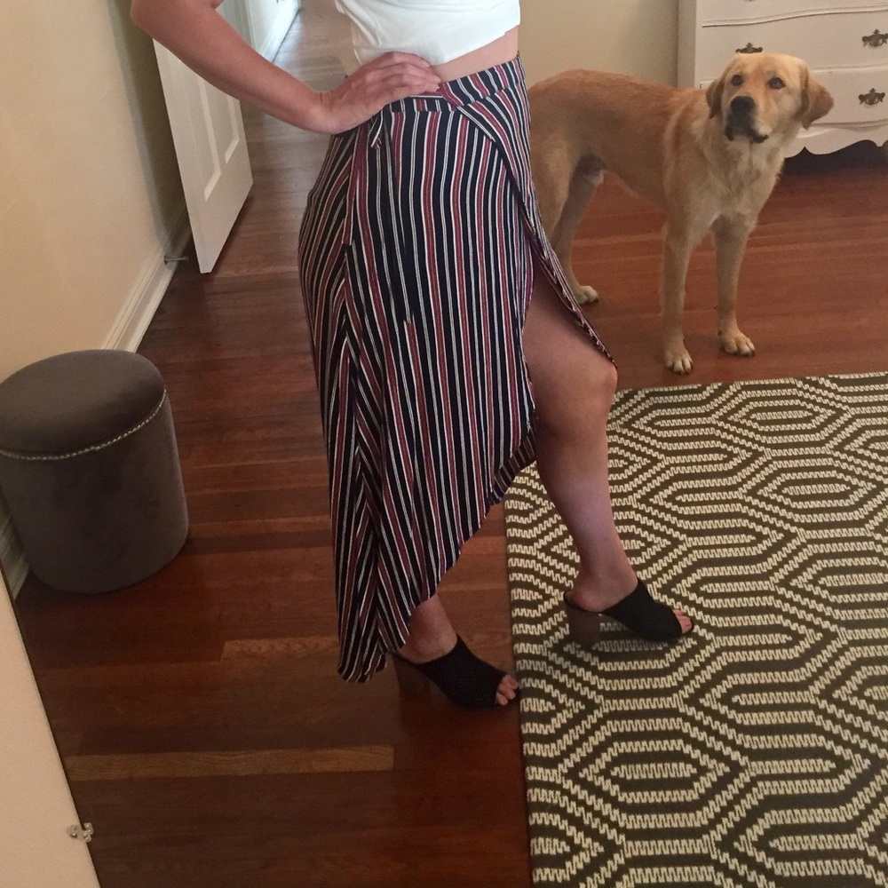Navy red and white striped high low wrap skirt.