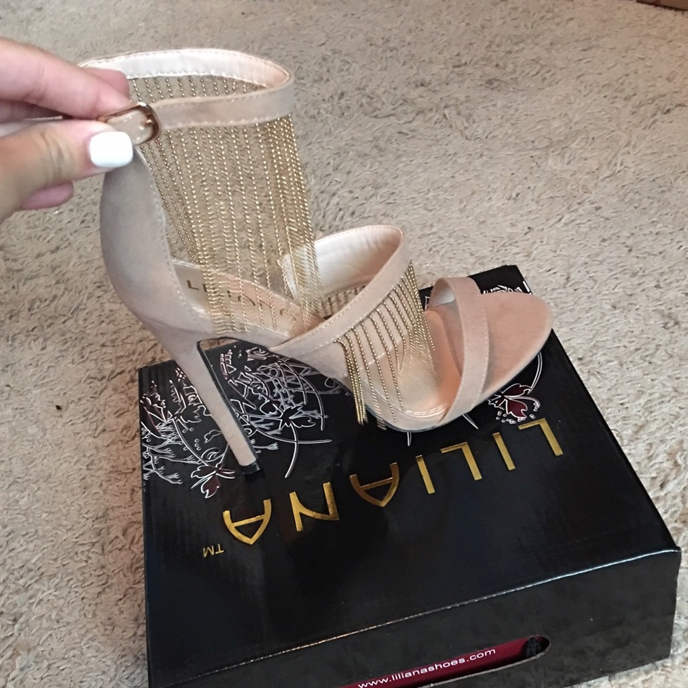 Tan & gold fringes sandal heels with strap size 8