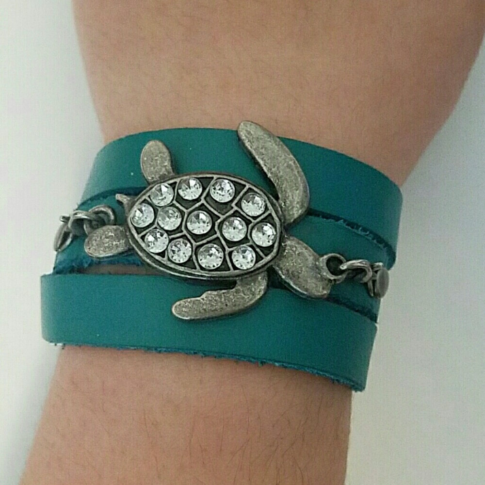 Teal Leather Wrap Sea Turtle Bracelet
