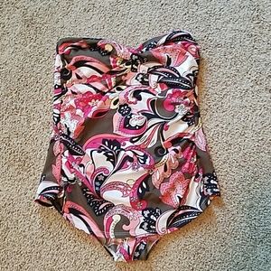 Pink and black paisley one piece bathing suit