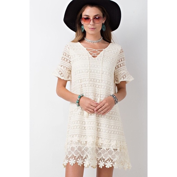 Off-white Lace/Crochet Lace-Up Dress - Picture 2 of 6