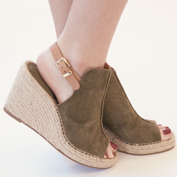 Olive Peep Toe Slingback Espadrille Wedge Pump - Picture 3 of 8