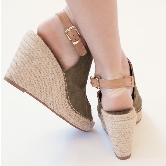 Olive Peep Toe Slingback Espadrille Wedge Pump - Picture 6 of 8