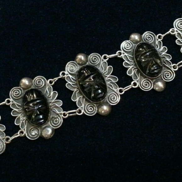 Vintage Mexican silver obsidian faces bracelet