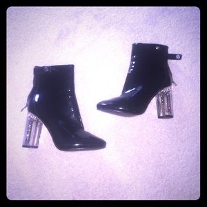 Black patent leather, sparkle heel booties