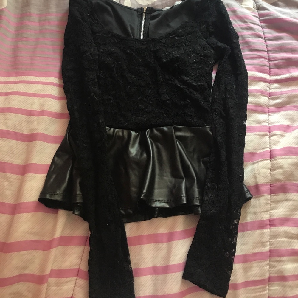 Black Lace and Leather Peplum Top