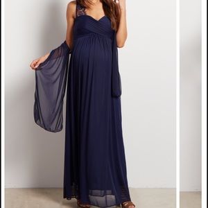 Navy Lace Accent Chiffon Maternity Dress