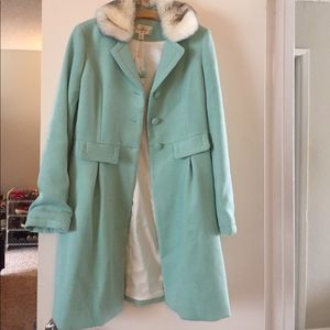 Julie Brown mint green coat with faux fur collar