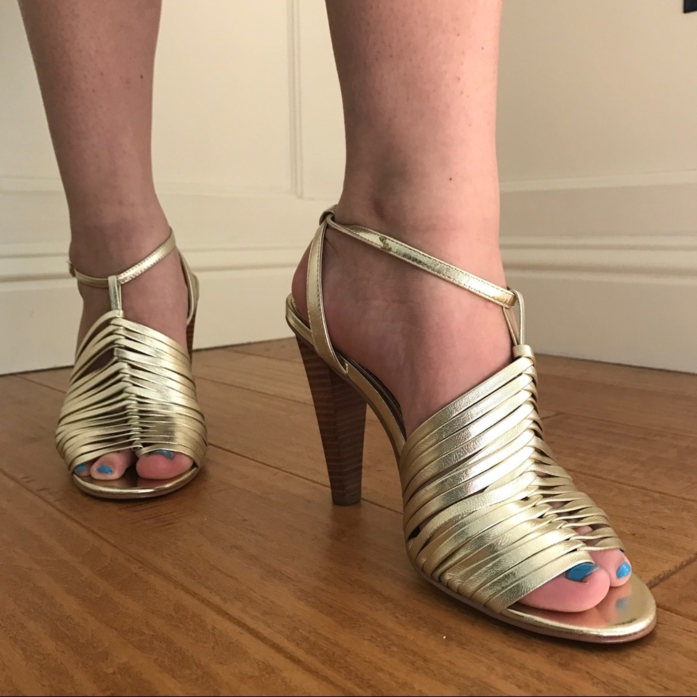 Gold lame strapped sandal.