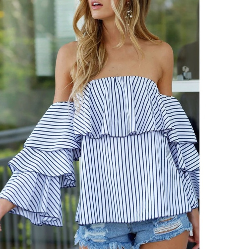 ✨Blue Striped Off The Shoulder Flamenco Top✨ - Picture 2 of 6