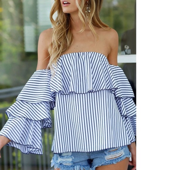 ✨Blue Striped Off The Shoulder Flamenco Top✨ - Picture 2 of 6