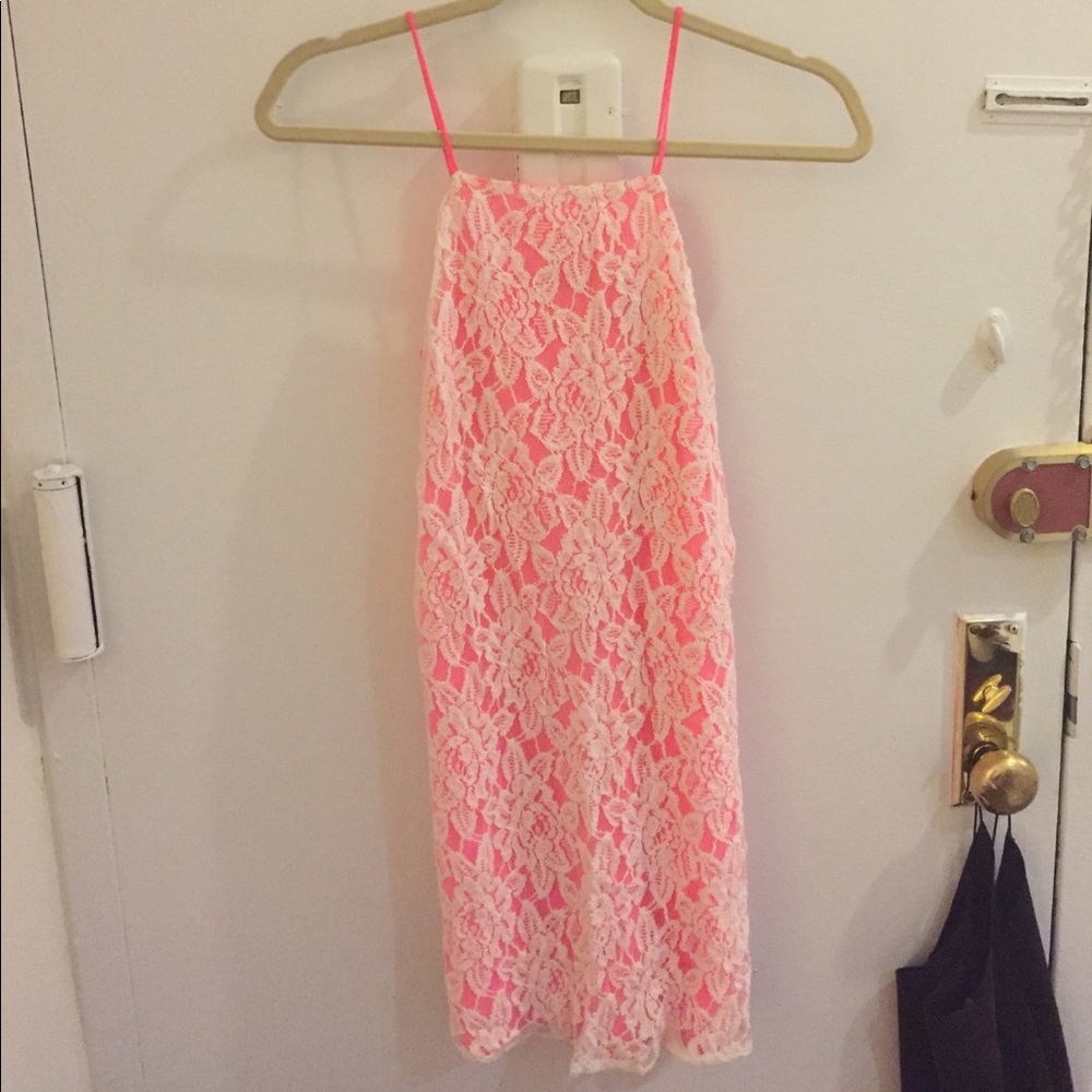 Neon pink with white lace pins and needles dress