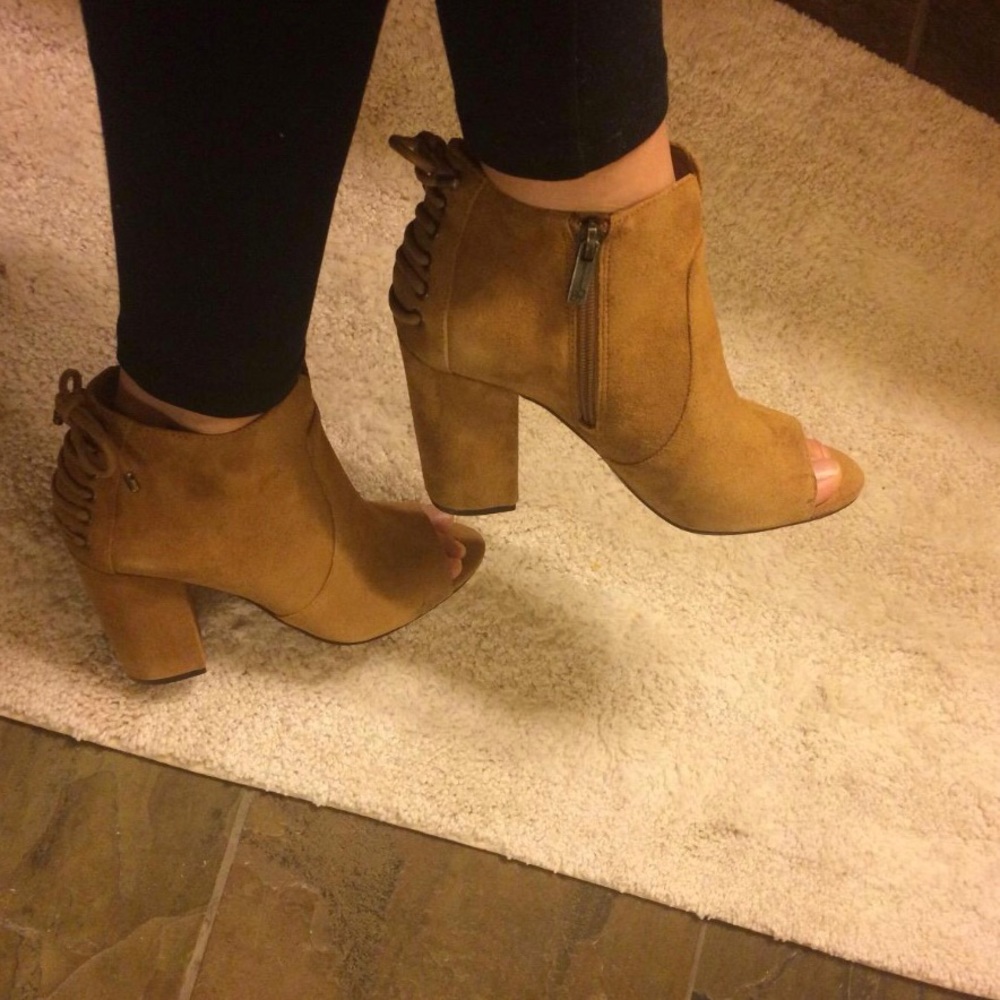 Cognac Peep Toe Corset Lace Back Ankle Boots - Picture 2 of 5
