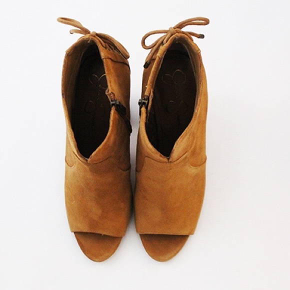 Cognac Peep Toe Corset Lace Back Ankle Boots - Picture 3 of 5