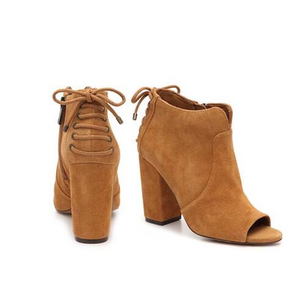 Cognac Peep Toe Corset Lace Back Ankle Boots - Picture 4 of 5