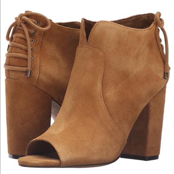 Cognac Peep Toe Corset Lace Back Ankle Boots - Picture 5 of 5