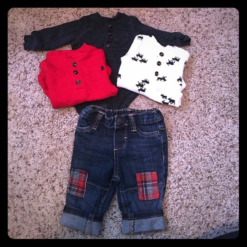 Baby Boy Thermal Onesies and Patch Denim Pants