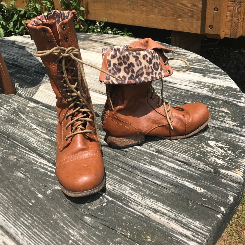 Brown and Cheetah Print Combat Boots | Size 6