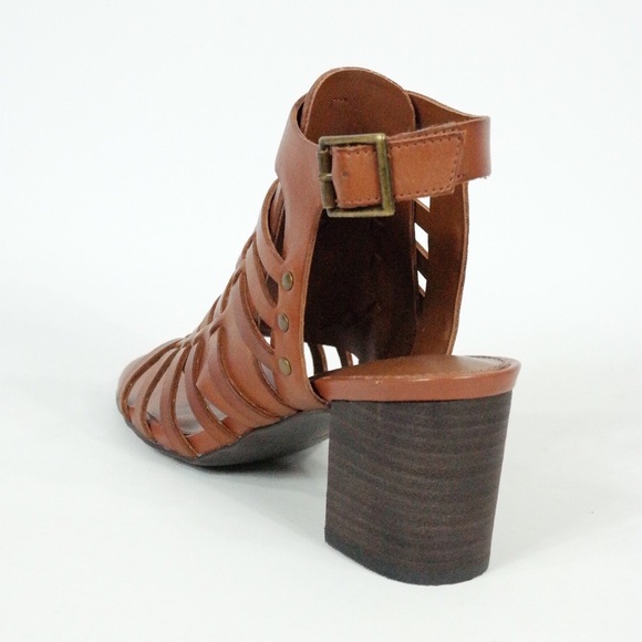 Cognac 100% Leather Block Heel Sandals - Picture 3 of 7